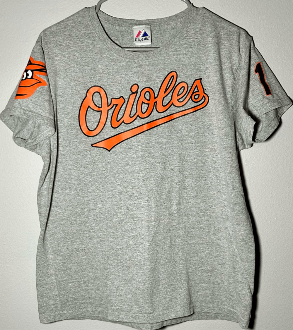 Vintage Baltimore Orioles Brian Roberts #1 Gray Shersey T-Shirt Majestic Sz L